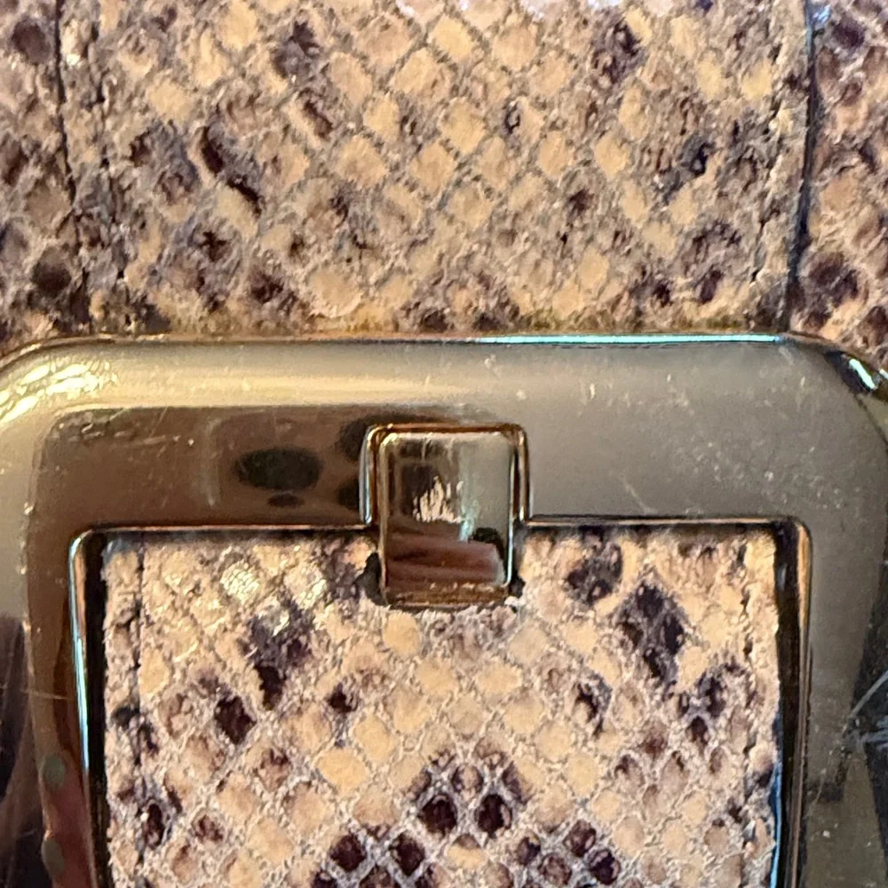 Michael Kors Snakeskin-Print Clutch in Beige and Black with Gold Buckle